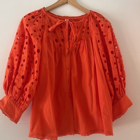 Anthropologie Chatal Eyelet Embellished Button Down Orange Bohemian Blouse Sz XS - Picture 7 of 11